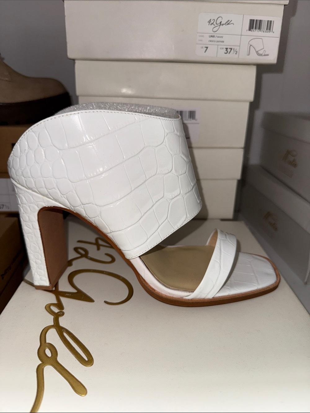 42 GOLD White Croc-Embossed Block Heel Slide